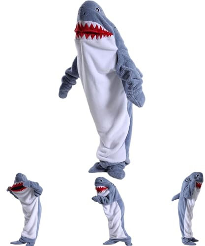 Hai Decke Strampler für Erwachsene/Kinder - Weich Gemütlich Flanell Tragbar Shark Blanket Hoodie Schlafen Tasche Halloween Cosplay Kostüm,Gray-for Height 72.8-78.7