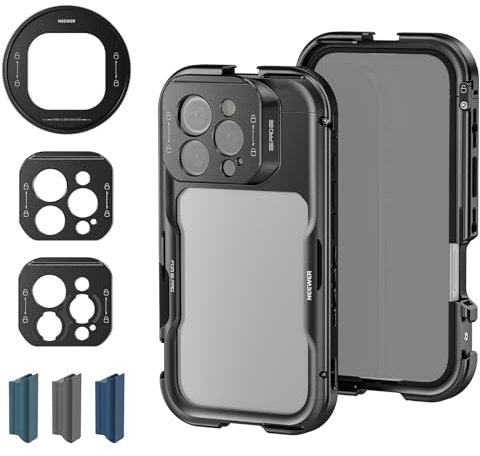 NEEWER 16 Pro Cage, Quick Release Video Rig Phone Stabilizer Compatible with iPhone 16 Pro with Adapters of 67mm Filter, 17mm Lens & T Mount Lens, Full Camera Control Access, PA073