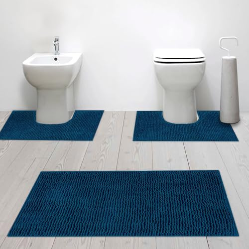 Susanna Home – Set 3 Tappeti da Bagno in Microfibra Shaggy Antiscivolo, Tappeto Rettangolare, Giro Water e Giro Bidet, Super Assorbente, Morbido e Lavabile - Disponibile in Diversi Colori (PETROLIO)