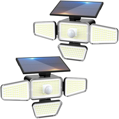 Peasur 318LED Solar Security Lights Outdoor Motion Sensor, 4 Adjustable Heads Solar Lights Outdoor Garden, Waterproof Wall Mount Wireless Solar Powered Flood Light for Garage Yard Door-2 Pack