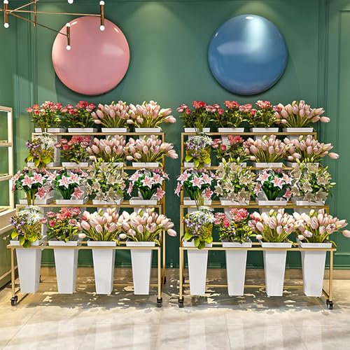 HJDSUDU Présentoir à Fleurs avec 16 seaux, Support à Plantes Roulant à 4 Niveaux avec roulettes verrouillables, Support Mobile en métal pour Fleurs, pour Jardin, Mariage, Fleuriste, Salon