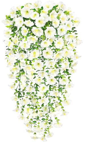 YSUVIN 2 Stück Kunstblumen Hängend Petunien für Outdoor Garden, Weiß | Künstliche Hängepflanzen Wie Echt, Wetterfest, UV-Beständig, für Outdoor AußEn Balkon Garden Yard