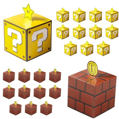 Mario presentförpackning födelsedag barn, 24 stycken spel godislåda, partylådor presentförpackning för bröllop, fest, barns födelsedag, julafton, halloween (12 gul + 12 brun)