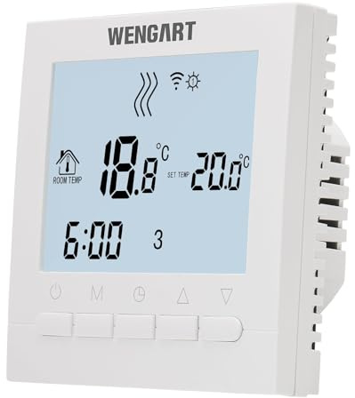 Wengart Termostato WiFi WG02B04, 2,4 GHz, aplicación Tuya, CA 230 V, 3 A, Pantalla Grande, Funcionamiento con Teclas, programación semanal, Compatible con Sistemas de Calentamiento de Agua