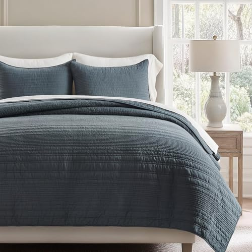 EVERGRACEHOME 100% Cotton Modern Lines Quilt Set King Size, Pre-Washed Soft Striped Coverlet Bedspread, 3 Piece Lightweight Bedding Set for All Season, with 2 Pillow Shams, Midnight Blue