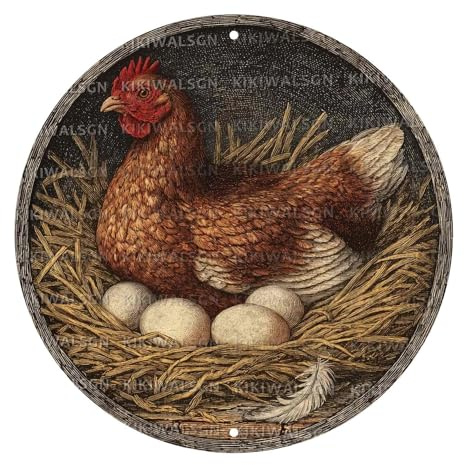 Vintage Chicken Hen Rooster Round Metal Sign Retro Chicken Lovers Tin Sign Nostalgic Rustic Wall Decor Kitchen Yard Fence Door Outside Farmhouse Coop Poultry House 12 * 12 In