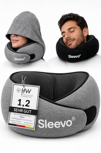 Sleevo Pro Nackenkissen mit Kapuze & Memory Foam – Ergonomisches Reisekissen für Flugzeug, Zug & Auto – Nackenhörnchen mit Sichtschutz, Waschbar inkl. Tasche – Grau (L)