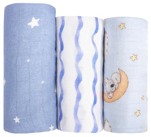 Hahaland Musselin Tücher Baby aus 100% Bambusfaser, 3er Set, Blau | 1×120×120 + 2×100×100 cm, Besonders Atmungsaktiv Weich, Stilltuch, Pucktuch, Baby Erstausstattung, Neugeborenen Geschenk