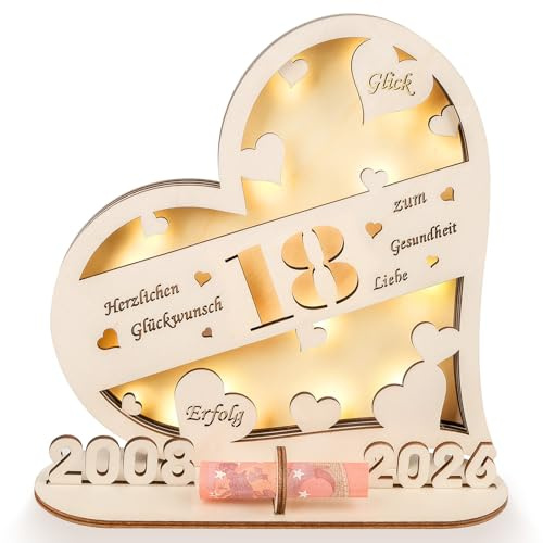 Artebeads 18 Geldgeschenke Geburtstag Frau Mann, 2026 Holz Schild Gästebuch,Personalisiertes Geschenke zum 18 Geburtstagszahlen, 18 Geburtstag Herzförmiges Deko,Hochzeiten Partys Geburtstage Jubiläum