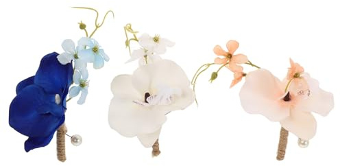 NUOBESTY 3 Stück Orchideen Boutonniere aus Seide in Weiß, Blau und Creme Leichte Ansteckblumen für Braut, Trauzeugen und Festliche Anlässe Wie Hochzeit und Ball