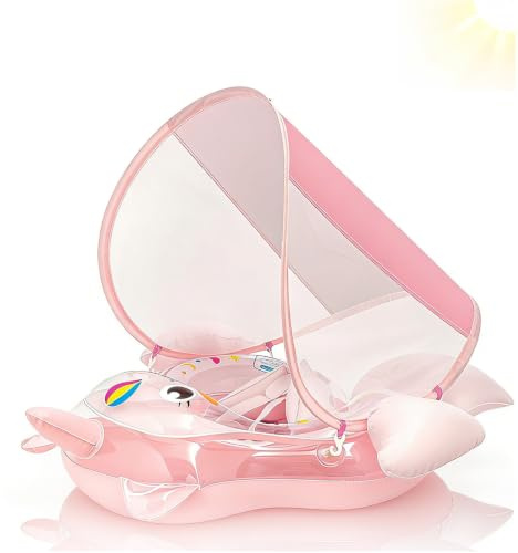 Galleggiante gonfiabile per neonati, 10-24 mesi, con unicorno rosa, anello galleggiante per piscina con tettuccio parasole, coda anti-scivolo, anello da nuoto per bambini e bambine