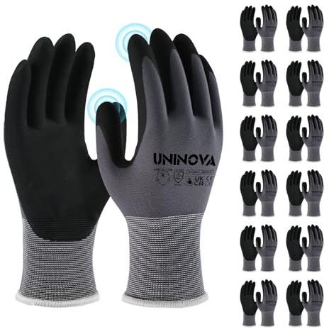 UNINOVA 15 Gauge Nylon Spandex Work Gloves, Microfoam Nitrile Coated Touchscreen Safety Gloves – Breathable Thin Non-Slip High Dexterity for Warehouse, Construction, DIY & Gardening 12 Pairs Medium