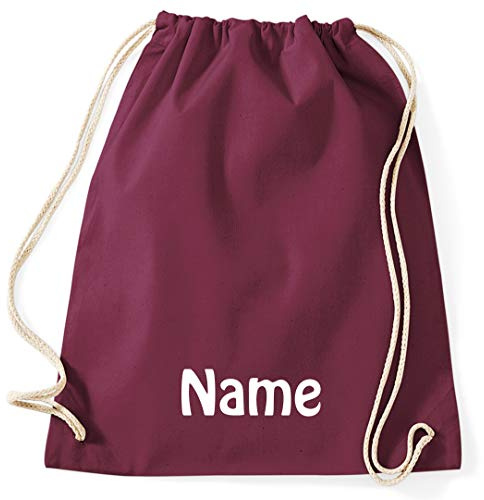 Turnbeutel mit Namen Bestickt aus 100% Baumwolle, Sportbeutel, Schwimmbeutel, Gym Sack, Gym Bag, (Weinrot)