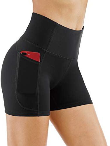 THE GYM PEOPLE High Waist Yoga Shorts for Women Tummy Control Fitness Athletic Workout Running Shorts with Deep Pockets (Medium, Black)