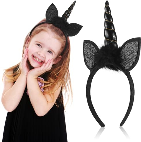 PRETYZOOM Einhorn Haarreif Horn Stirnband Ohren Haarband Haarschmuck Schwarz Engel Kopfschmuck für Kinder Mädchen Damen Geburtstag Ostern Einhorn Party Deko Zubehör