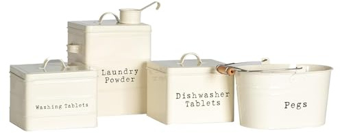 Harbour Housewares Utility Canisters Storage Set - Cream - 4pc Vintage Metal Storage Canister Caddy Tins for Laundry Detergent, Dishwasher & Washing Tablets, Clothes Pegs, Kitchen & Home Décor