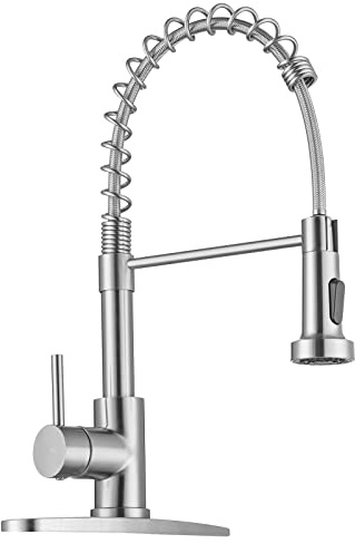 WEWE Kitchen Faucets, Brushed Nickel Kitchen Faucet with Pull Down Sprayer, Industrial Spring Single Handle Stainless Steel Kitchen Sink Faucet with Deck Plate, 1 Hole or 3 Hole for Laundry Rv