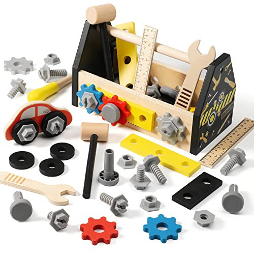 Dorjee Kinder-Werkzeugset, Kleinkind-Werkzeugset für Bauarbeiten, zum Mitnehmen, Holzkiste mit 30-teiligem Werkzeugset, Geschenke für Weihnachten und Geburtstag (schwarz)