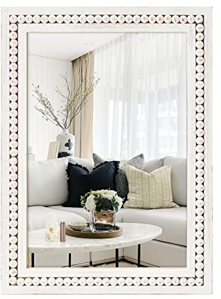 H HOMEWINS Rustic Wooden Mirror,22x30 Inch Farmhouse Boho Bathroom Rectangle Nursery White Beads Decor Wall-Mounted Mirror for Bedroom, Living Room,Vanity,Entryway,Over Sink
