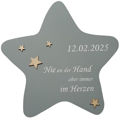 Erinnerung an EIN Sternenkind | Stern aus Holz grau lackiert 17 x 17 cm mit Herzen