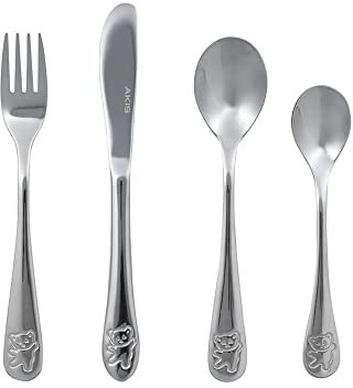 AKIS Kinderbesteck mit Gravur,Edelstahl Besteck Set Kinder 4-teilig Taufegeschenke für Kinder silber