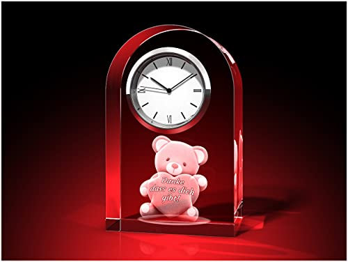 GLASFOTO.COM Bärchen mit Herz + Alles Liebe in 3D als Uhr, Glas rund – Kristallglas mit Innengravur als Geschenk 60 x 95 x 40 in Premiumqualität