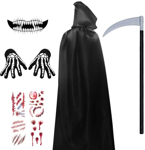 YIMOJOY Halloween Umhang Schwarz Set 120/150/170/190CM Schwarzer Umhang mit Kapuze Unisex Erwachsener Sensenmann Kostüm mit Sense & Scars Tattoos Vampir Darth Cape für Cosplay Karneval(M)