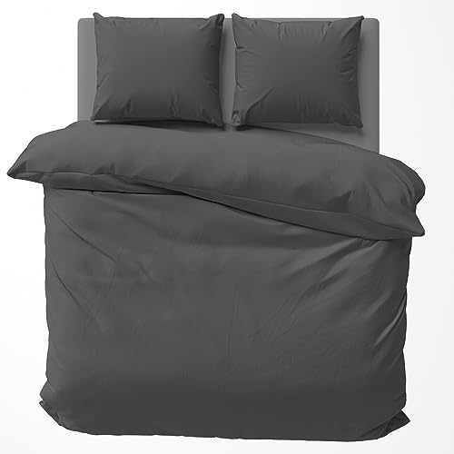 Visaggio Bettwäsche 155x200 cm Baumwolle Uni Bettbezug Garnitur Set Einfarbig Anthrazit