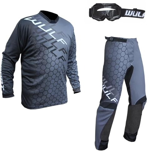 Kids Motorbike Motocross Suit and Goggles Black - Wulf Junior Off Road Jersey and Trouser Enduro Quad Dirt Pit Bike BMX Sports Kart ATV MX Kit (Black,TOP: 11-13 years, PANT: 26 inches)