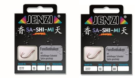 2 Packungen Set JENZI gebundene Forellenhaken (20 Stück) Mono, 80cm Hakengröße 4, 6, 8, 10 & 12 je nach Auswahl + gratis Petri Heill! Aufkleber (Hakengröße 8)