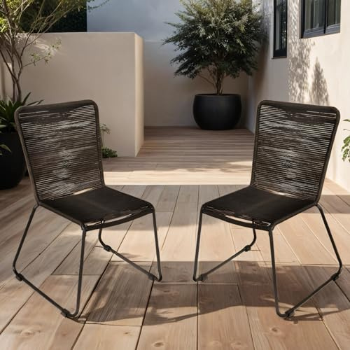 Loreno 2er Set Outdoor Seilstuhl ISRA, Schwarz, stapelbare Gartenstühle | Seilbespannung aus Polyester, schwarzes Eisen-Gestell, Modernes Rope Chair Design für Garten, Balkon & Terrasse