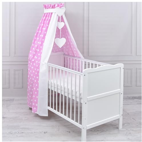 Generisch Baby Delux Babybett Himmel Betthimmel Baumwolle Baldachin für Babybett Kinderbett Wiege Stubenwagen Himmelstange Applikationen Herz Deko (Pink Dots, ohne Himmelstange)