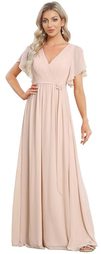 Ever-Pretty Robe pour Mariage Invité Longue Femme Col V Mousseline A Line Manches Courtes Plissé Chic Rose Nude 50