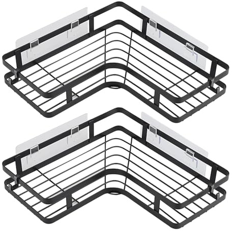 Hisdricus 2 Stücke Duschablage Ohne Bohren, Duschablage Ecke, Selbstklebender Eckregal Badezimmer Organizer mit 4 Klebepads und 4 Haken, Geeignet für Bad, Küche und Schlafzimmer (Schwarz)