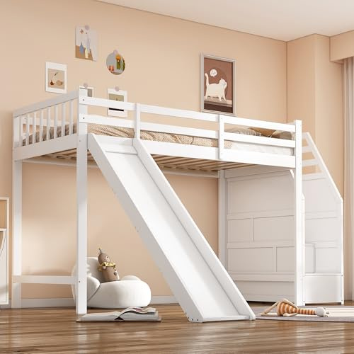 Soweiz Kinderbett, 90x200cm, Hochbett mit Rutsche, Ablageleiter, Leiterposition optional, Loft Safe Design, Robuste Konstruktion,weiß