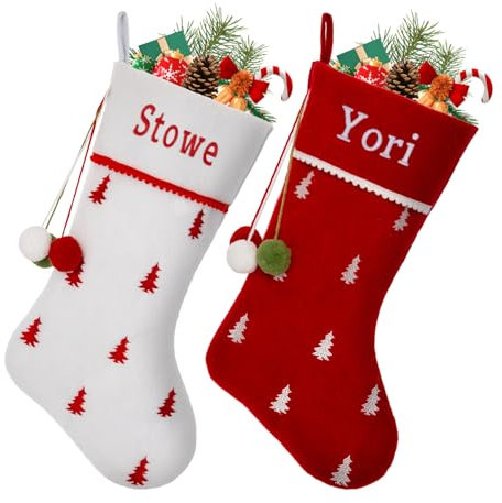 VRFASHION Personalisierte Weihnachtsstrümpfe mit Namen, 45,7 cm, groß, bestickt, Familien-Weihnachtsstrümpfe mit 3-farbiger Kugel, Weihnachtsdekoration, Kaminstrümpfe, Urlaubsdekoration (1)