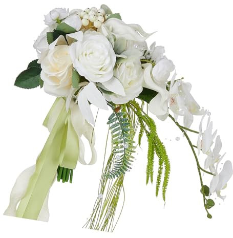Zktfyshk Seidiger Stoffstrauß für Braut, weiße Seidenrosen und Calla-Lilien, Blumenstrauß zum Verschenken und Dekorieren
