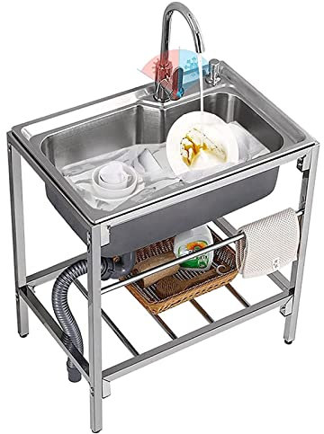 Außenspüle Utility Spüle Freistehende Küchenspüle 304 Edelstahl Einzelbecken Becken mit Wasserhahn, Kalt- und Warm wasserrohre für Werkstatt Bauernhaus Gastronomie Garten, 26.77x18.5x29.5inch