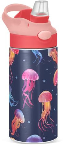 Mnsruu Kinder-Wasserflasche mit Strohhalm, 350 ml, bunte Quallen, blau, Edelstahl, isoliert, Kleinkindbecher, Metall, auslaufsicher, Trinkflasche für Mädchen, BPA-frei