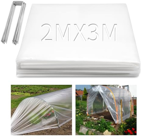 TXXATX Heavy Duty Polythene Sheeting 2 x 3M Extra Thick Clear Plastic Sheeting Polythene Cover Sheets with 10pcs Garden Pegs Greenhouse Film for Gardening Farming Polytunnel Covers Building Protection