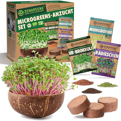 zengreens® Kit di germinazione per Micro-germogli bio - Microgreens Starter Set - Include Vassoio di germinazione, Dischi di Fibra di Cocco e Semi da germinare (Broccoli, ravanelli e Fagioli Mungo)