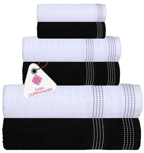 Casa Copenhagen Elegance Ensemble de serviettes 6 pièces, noir + blanc, 550 g/m², 2 serviettes de bain, 2 essuie-mains, 2 débarbouillettes en coton égyptien doux pour salle de bain, cuisine et douche.