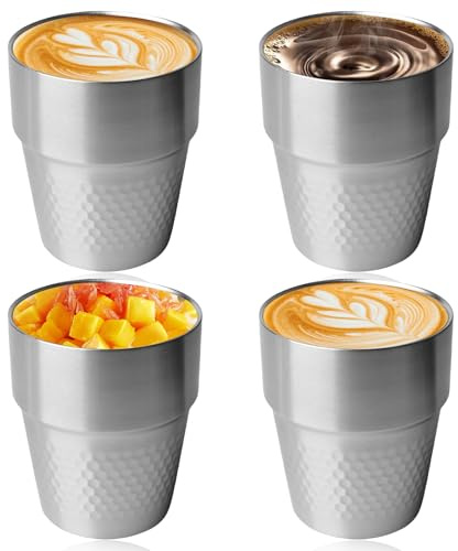 LEKEFETO Lot de 4 gobelets en acier inoxydable à double paroi, isolés, empilables, motif diamant, argenté, 300 ml, idéal pour la maison, bar, restaurant
