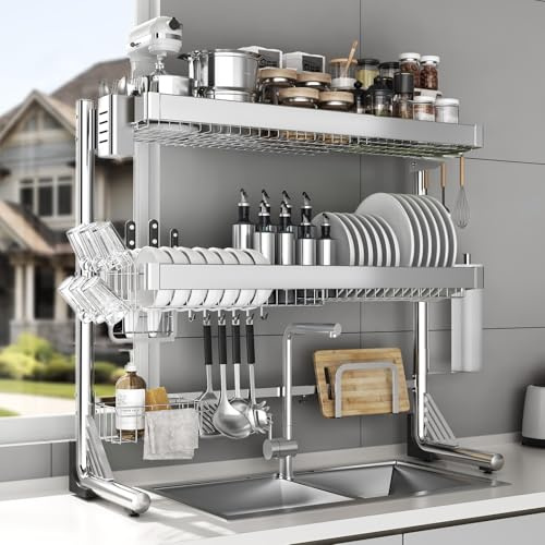 CUISIBOT Over The Sink Dish Drainer Drying Rack 3 Tier, Full Stainless Steel Dish Drying Rack Adjustable Length 20.9''-37.4'', Kitchen Sink Shelf, Organized Space-Saving Dish Rack