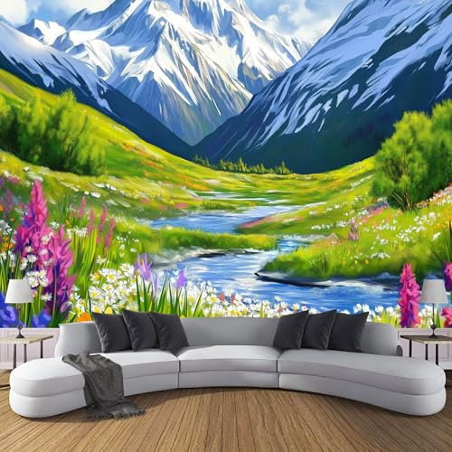 Wildblumen Grasland Fototapete - Berge In Ölgemälde - Größe 260X175Cm (Breite X Höhe) Wandtapete Tapete, Wandbild Wandtattoo Dekoration - Tapete, Kinderzimmer, Kindertapete