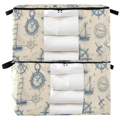 Amooorous Salvagente Ocean Timone oro Beige Blu 60/95 L armadio con cerniera con manici rinforzati, organizer trasparenti per finestre e spazio per vestiti, coperte, lenzuola, cuscini