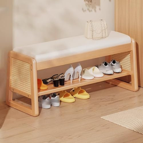 Schuhbank, Holz-Eingangsbank mit gepolstertem Sitz, Rattan-Schuhschrank, Bettbank, Schuhregal, Organizer für Wohnzimmer, Flur, Schlammzimmer, Tür