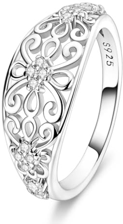 Hapour 925 Sterling Silver Ring for Women, Victorian Leaf Filigree Vintage Ring with CZ Stones Simple Statement Eternity Rings Everyday Unique Wedding Band Size 8