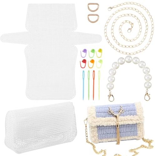 CRASPIRE Plastic Mesh Bag Kit Clear Plastic Mesh Canvas Sheets Round Beaded Imitation Pearl Handbag Strap Extension Alloy Golden Chains Needles Clasps for DIY Crafts Crochet Pruse Making Supplies