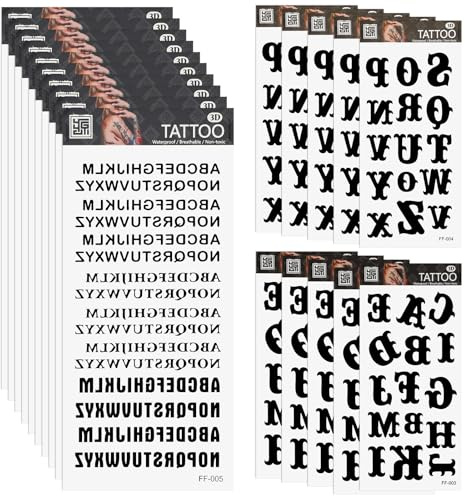 20 hojas de tatuajes temporales, tatuajes falsos autoadhesivos realistas, 5 estilos de letras diferentes, tatuajes personalizados, tatuajes personalizados, tatuaje de nombre, letras negras para dedos